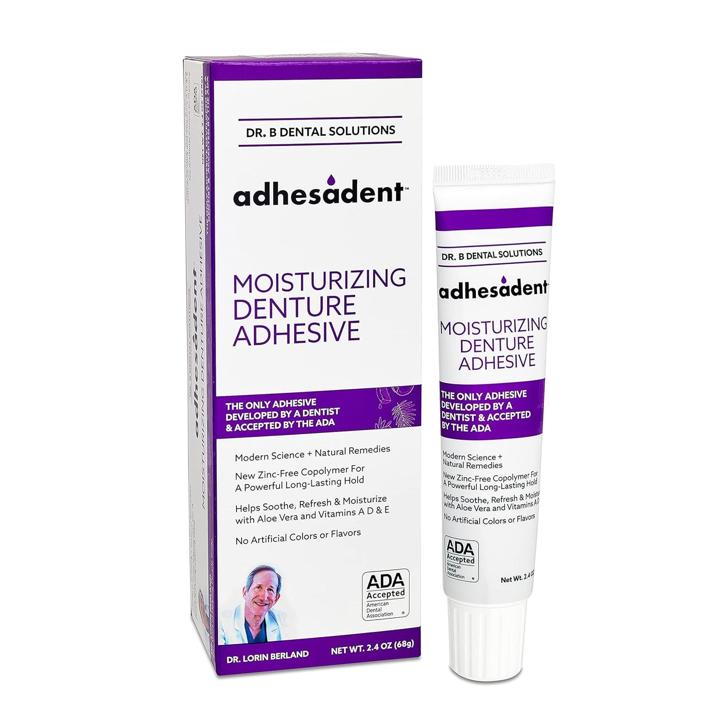 Dr. B Dental Solutions Adhesadent Moisturizing Denture Adhesive - Secure Denture Glue with Strong Grip & Natural Taste - Zinc-Free Dental Adhesive for Dentures, Overdentures - 2.4 oz