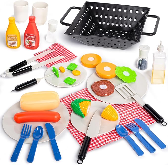 JOYIN 34 PCS Kitchen Toy Set, BBQ Play Grill, Cooking Toy Set, Little Chef Play, Kids Grill Playset Interactive BBQ for Kids with Light & Sound, Christmas Birthday Gift for 2 3 4 Year Old Boys Girls