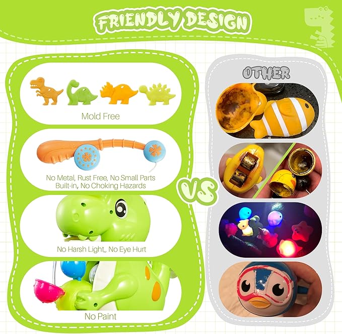 EKU Dinosaur Bath Toys for Kids Toddler Age 18months+ Mold Free Water Wheels and Fishing Games Bathtub Tub Bath Time Play Girls Boys Color Sound Movement Interactive