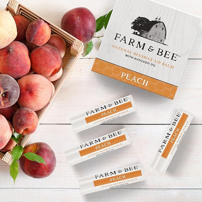 Natural Lip Balm - Organic & Natural Ingredients - Beeswax Based Moisturizing Lip Care Chapstick for Chapped Lips - Great Gift Idea - Farm & Bee - 0.15oz (Pack of 4 - Peach)