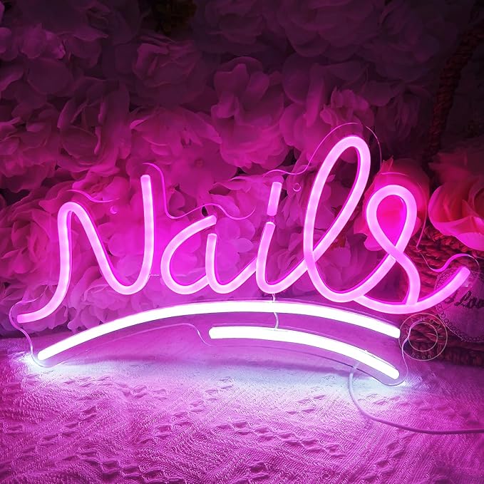SYLHOME Nails Led Neon Light Sign Pink Business Wall Windows Sign Decor Nails Bar Beauty Salon Girls Bedroom Hanging Light Up Sign USB Birthday Makeup Decor 15.75"X8.7"