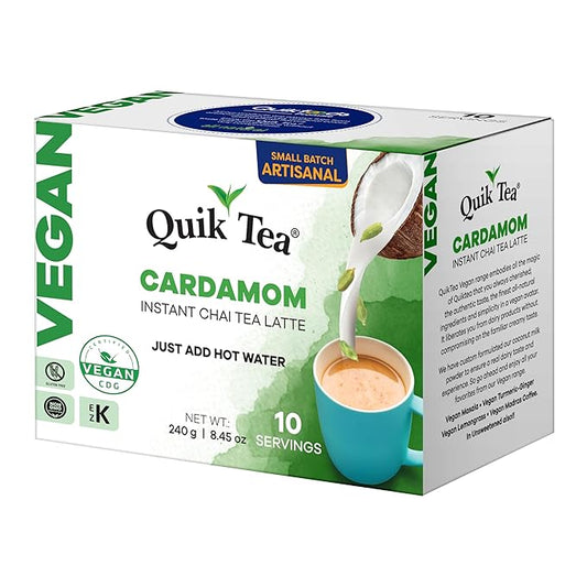 QuikTea Vegan Cardamom Chai Tea Latte – 10 Count, Bold Cardamom Flavor, Naturally Caffeine-Light, no preservatives – Just Add Hot Water