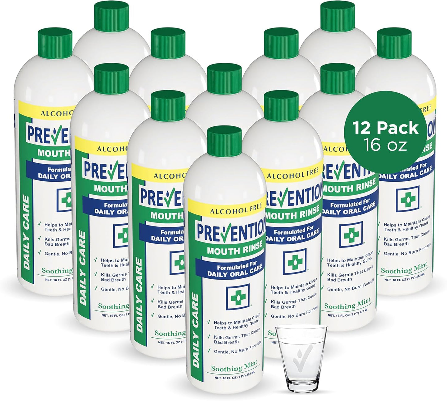 Prevention Daily Care Alcohol-Free Mouthwash, Hydrogen Peroxide Teeth Whitening with Soothing Fresh Mint for Bad Breath Treatment, Fluoride-Free Gum Care Oral Mouth Rince 16 oz 12 Pack
