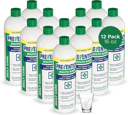 Prevention Daily Care Alcohol-Free Mouthwash, Hydrogen Peroxide Teeth Whitening with Soothing Fresh Mint for Bad Breath Treatment, Fluoride-Free Gum Care Oral Mouth Rince 16 oz 12 Pack
