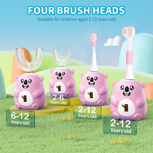 Kids U Shaped Electric Toothbrush, Automatic 360° Sonic Cleaning, 6 Modes, 4 Brush Heads, Cute Cartoon Koala Design (6-12 Age (Pink))