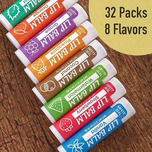 32 Pack Lip Balm, Natural Lip Balm Bulk with Vitamin E and Coconut Oil, Moisturizing Lip Balms for Dry Cracked Lips, Lip Balms for Stocking Stuffers - 8 Flavors