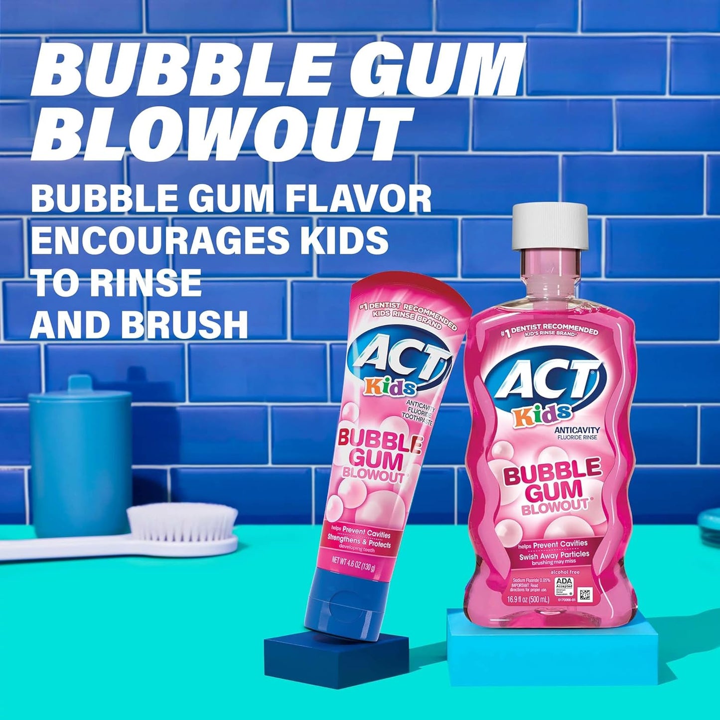 ACT Kids Anticavity Fluoride Rinse for Bad Breath Treatment, Bubble Gum Blowout, 16.9 fl. oz. (Pack of 3)