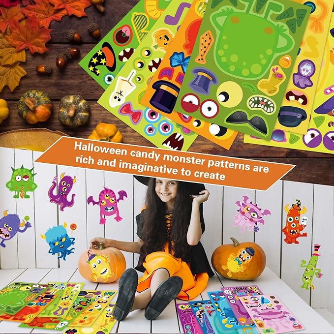 Make a Monster Face Stickers 48PCS Halloween Stickers for Kids Make Your Own Little Monster Sticker Sheets Halloween Theme Crafts Party Game Birthday School Classroom Reward Gift