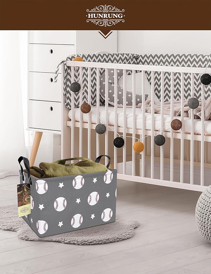 HUNRUNG Rectangle Storage Basket Cute Canvas Organizer Bin for Pet/Children Toys, Books, Clothes Perfect for Rooms/Playroom(REC-Grey Baseball)