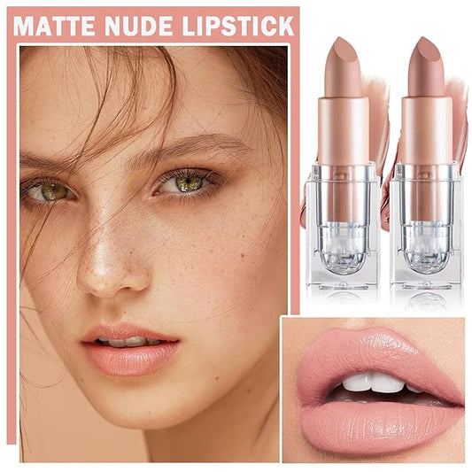 2PCS Matte Nude Lipstick Set Velvet Lip Gloss Non-Fading Non-Sticky Cup Nude Lipstick Matte Lip Stain Long Lasting Waterproof Lipstick for Women Girls Daily Lip Makeup-White Peach+Flesh Pink