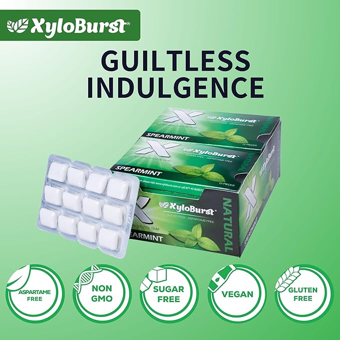 XyloBurst Gum | Xylitol Chewing Gum | Sugar Free, Gluten Free, Keto Friendly | Aspartame Free Gum For Oral Health | Spearmint | 12 Pieces, Pack of 12