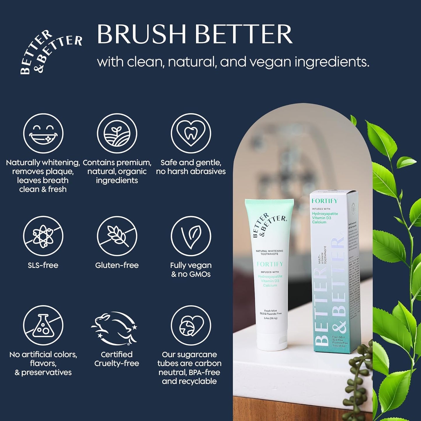 Better & Better Fortify Hydroxyapatite Toothpaste | Infused w/VIT. D & Calcium | Fluoride & SLS Free for Sensitive Brushers | Natural & Vegan Whitening Toothpaste | Fresh Mint Flavor | 3.4oz, 3 Pack