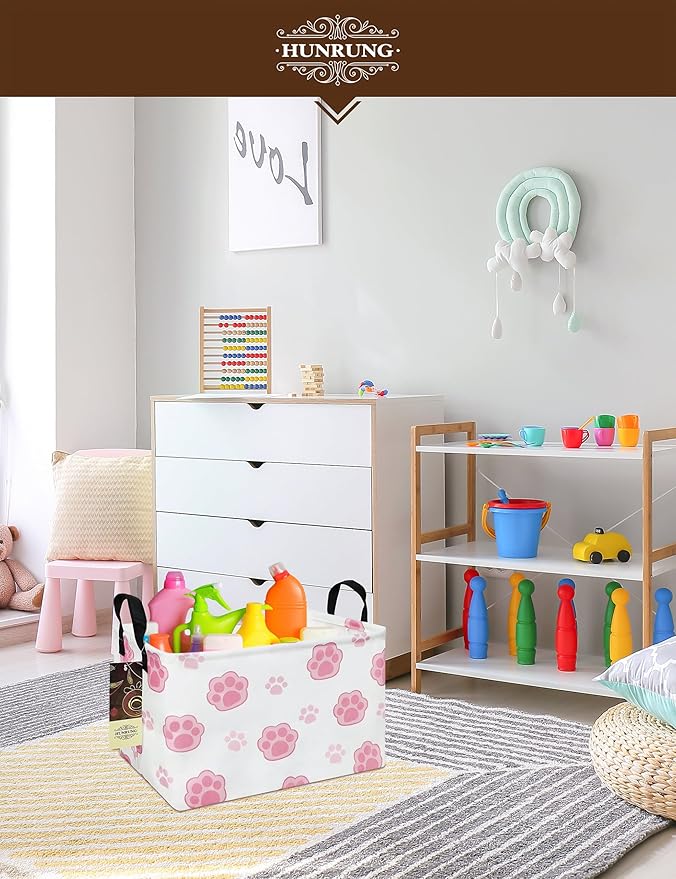 HUNRUNG Rectangle Storage Basket Cute Canvas Organizer Bin for Pet/Children Toys, Books, Clothes Perfect for Rooms/Playroom(REC-Pink Paw)