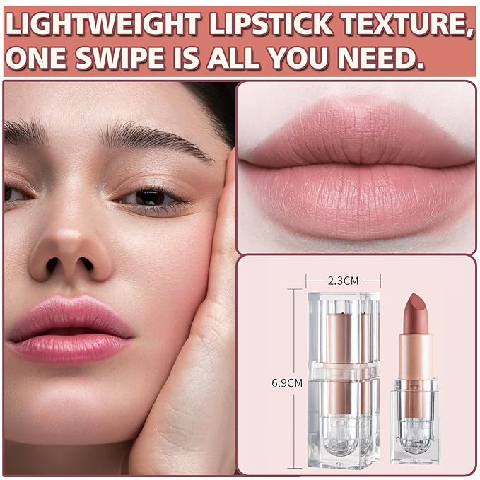 2PCS Matte Nude Lipstick Set Velvet Lip Gloss Non-Fading Non-Sticky Cup Nude Lipstick Matte Lip Stain Long Lasting Waterproof Lipstick for Women Girls Daily Lip Makeup-White Peach+Flesh Pink