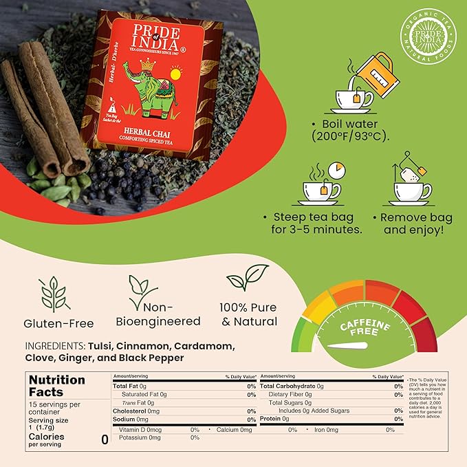 Pride Of India - Natural Herbal Chai (Comforting Spiced Tea), PACK of 6-15 Tea Bags Per Box