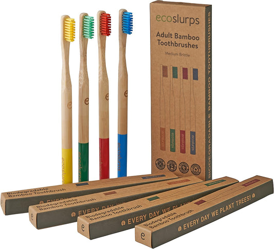 EcoSlurps 4 Bamboo Toothbrushes Multipack - Award Winning Medium Bristle Biodegradable Bamboo Toothbrush Pack (4 Adult Medium, Multi-Colored)