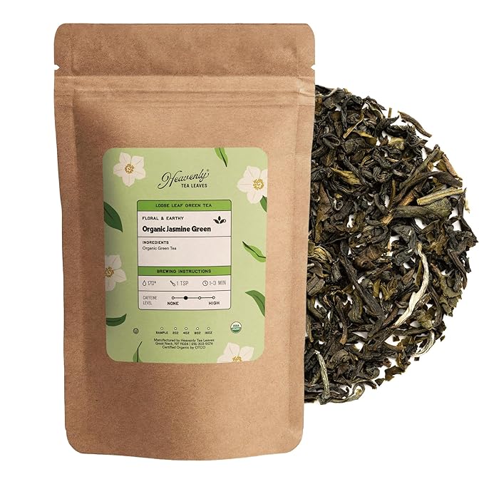 Heavenly Tea Leaves Organic Organic Jasmine Green, Loose Leaf Green Tea, 4 oz. (Approx. 50 Cups of Tea) - Delicious Hot or Iced, Naturally Caffeinated, Premium Quality
