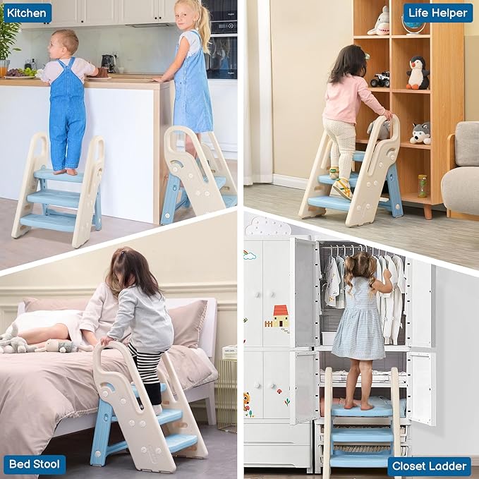 Onasti Foldable Toddler Step Stool for Bathroom Sink, Adjustable 3 Step Stool for Kids Toilet Potty Training Stool with Handles, Child Kitchen Counter Stool Helper, Plastic Ladder for Toddlers Blue