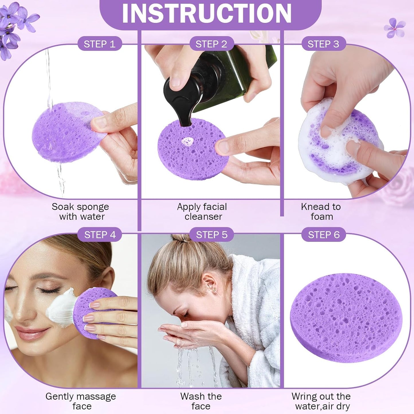 Amyhill 300 Count Compressed Facial Sponges Natural Face Sponges for Cleansing Disposable Facial Exfoliating Pads for Estheticians(Purple)