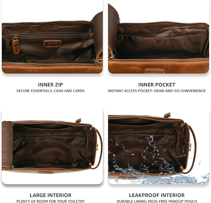 LEATHER VILLAGE Premium Leather Travel Toiletry Bag - Unisex Water-Resistant Travel Dopp Kit, Shaving & Cosmetic Organizer for Men & Women - Compact Bathroom Essentials - Tan Brown