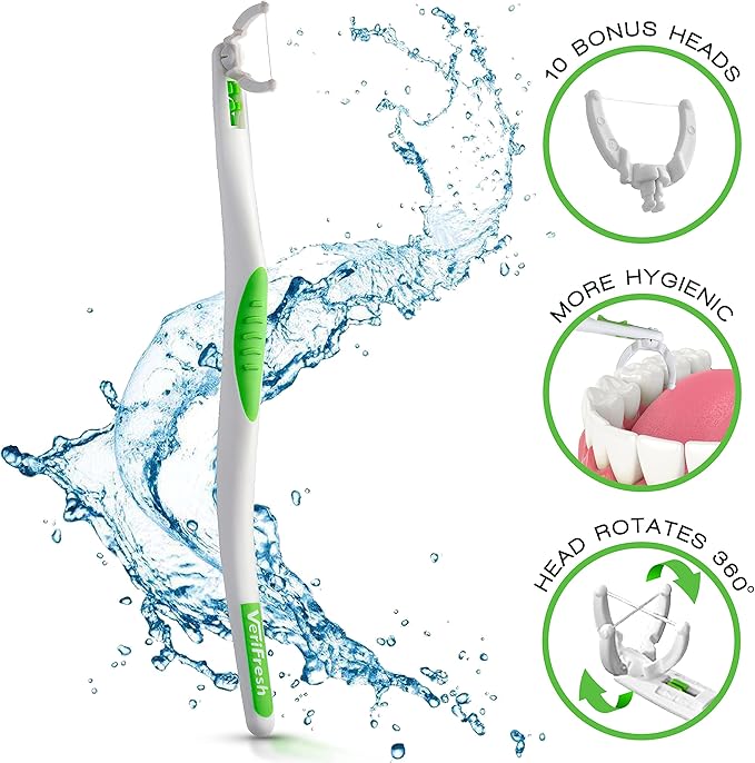 VeriFloss Dental Flosser with 10 Head Refill - Teeth Flossers for Adults & Kids, Flossing Tool - Ergonomic Design w/360° Swivel Head, Glide Lock - Reusable Floss Picks, Cleaning Kit - VeriFresh