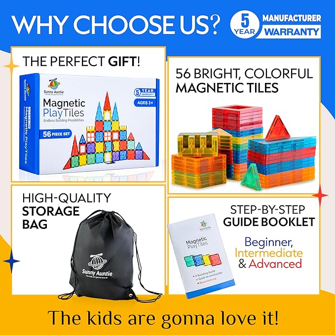 Magnetic Tiles 56 PCS, Magnetic Tiles for Kids & Toddlers Ages 3-8, Magnet Toy for 3 4 5 6 7 8 Year Old Boys Girls Kids & Toddlers, Magnet Blocks Building Set STEM Toy, Great Gift for Kids aged 3-8