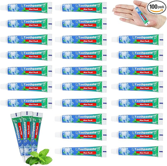 0.35 oz Bulk Travel Size Toothpaste,100 Tubes 10 Grams Extra Small Toothpastes Travel Size Bulk 0.8x3.5 inches Mint Flavor Mini Disposable Toothpaste for Hotel,Guests,Homeless,Office