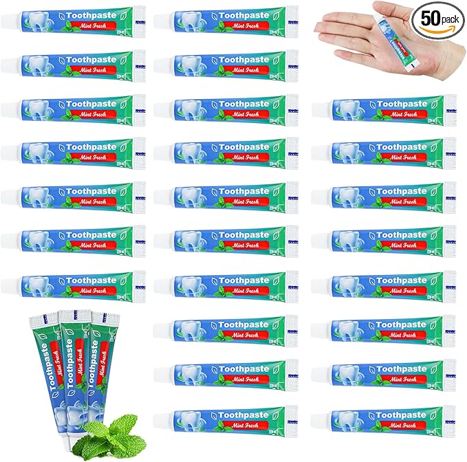0.35 oz Bulk Travel Size Toothpaste, 50 Tubes, Mint Flavor, Mini Disposable Toothpaste for Hotel, Guests, Homeless, Office