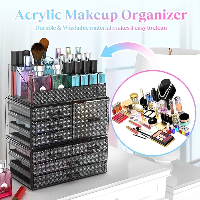 3 Pack Makeup Organizer Stackable[Upgraded], Acrylic Cosmetics Storage Cases with 8 Drawers Perfume Organizers For Brush Holder or Jewelry Display,Plus Size,Best For Vanity,Bathroom or Countertop