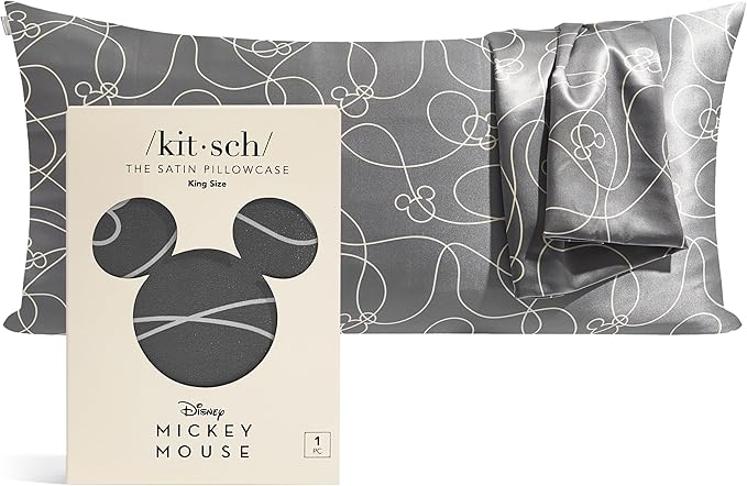 Kitsch & Disney Mickey Mouse Satin Pillowcase with Zipper Softer Than Silk, Cooling Pillow Case for Hair & Skin, Wrinkle Free, Machine Washable, King Size (19x36)
