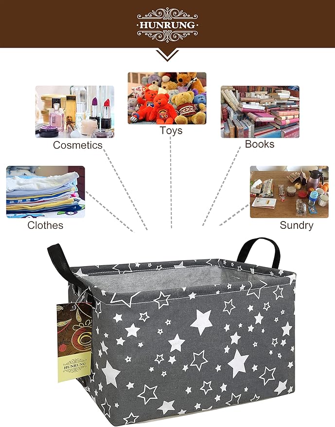 HUNRUNG Rectangle Storage Basket Cute Canvas Organizer Bin for Pet/Children Toys, Books, Clothes Perfect for Rooms/Playroom(REC-Grey star)