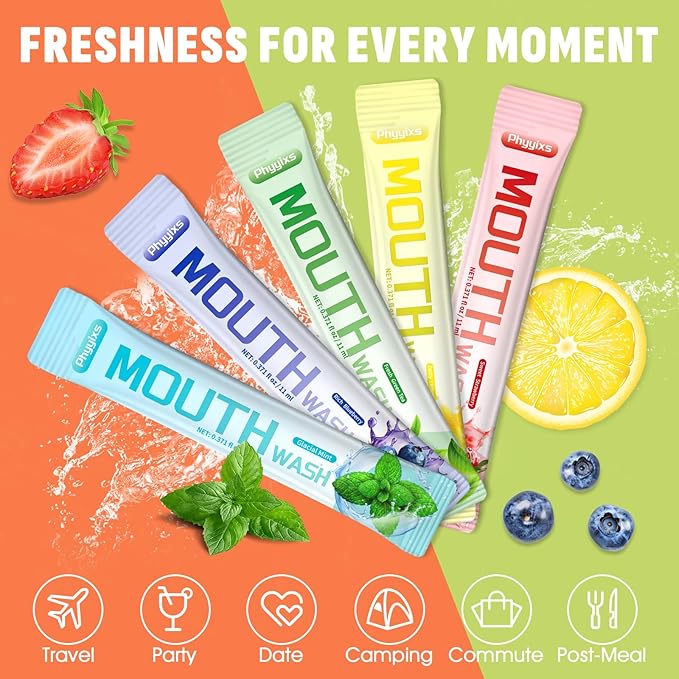 Mouthwash Travel Size – 30 Individually Wrapped Portable Packets, Alcohol-Free & Fluoride-Free, On-The-Go Oral Hygiene for Fresh Breath Anytime(5 Flavors)