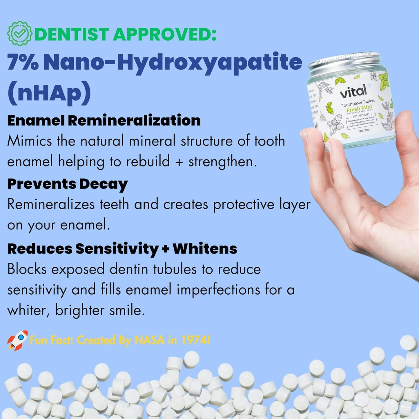 Vital Toothpaste Tabs with 7% Nano-Hydroxyapatite | Naturally Whitens + Remineralizes Teeth | Fluoride & Plastic Free | Combats Sensitivity | Travel & Eco Friendly | Fresh Mint | 248 Tablets (4 Month)