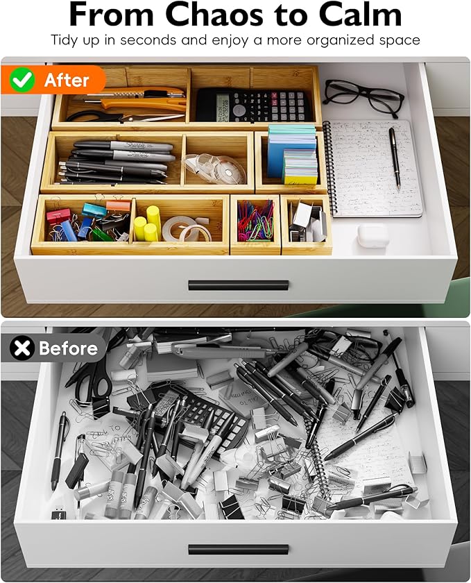 Desk Drawer Organizer Tray Set of 6 – Bamboo Office Storage Boxes with 12 Compartments for Office Supplies, Cosmetics, Jewelry and More