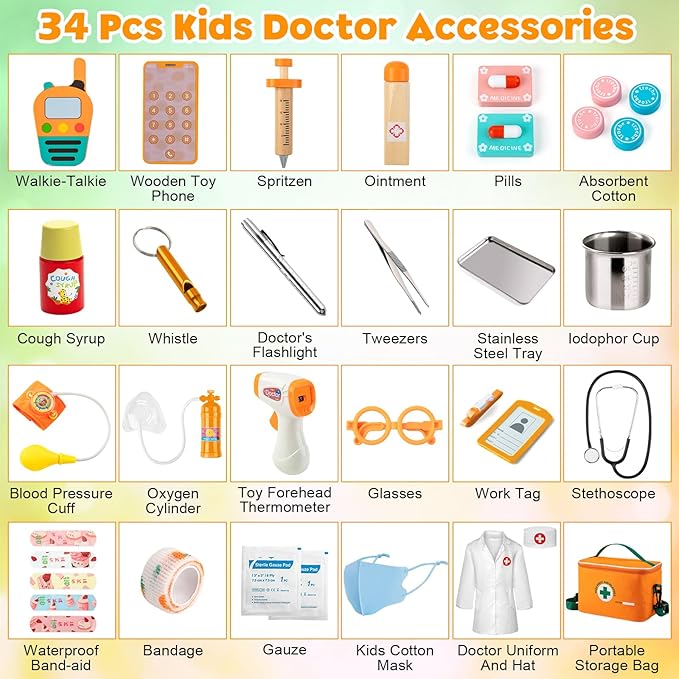 Doctor Kit for Kids, 34 Pcs Kids Doctor Playset kit for Toddlers 3-5 with Medical Storage Bag & Real Stethoscope, for Boys and Girls Fun Role Playing Game, Doctor Play for Kids Toddlers