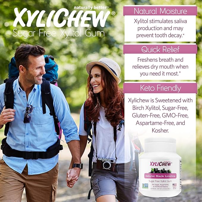 Xylichew 100% Xylitol Chewing Gum - Non GMO, Non Aspartame, Gluten Free, and Sugar Free Gum - Natural Oral Care, Relieves Bad Breath and Dry Mouth - Licorice, 60 Count