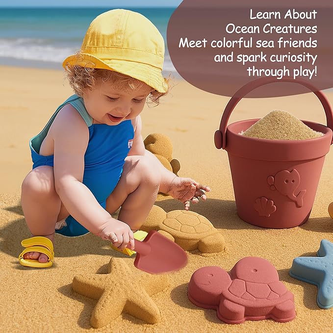 Silicone Beach Toys for Toddlers, Travel Friendly Sand Toys for Babies 6-12 Months, Collapsible Beach Bucket and Shovel Set with 6 Sand Molds for Kids, Family（Pink）