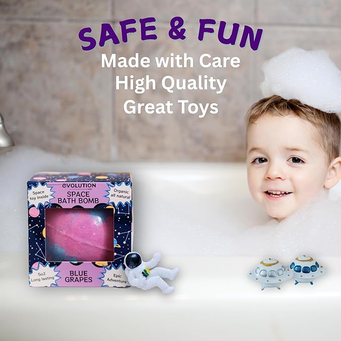 EvolutionUSA 1pc Space Bath Bomb for Boys & Girls, Planet Bath Ball with Toy Hidden Inside, Organic Hypoallerganic Childrens Bathbomb, Cosmic Fun Space Surprise, Gift Set Birthday, Christmas, Easter