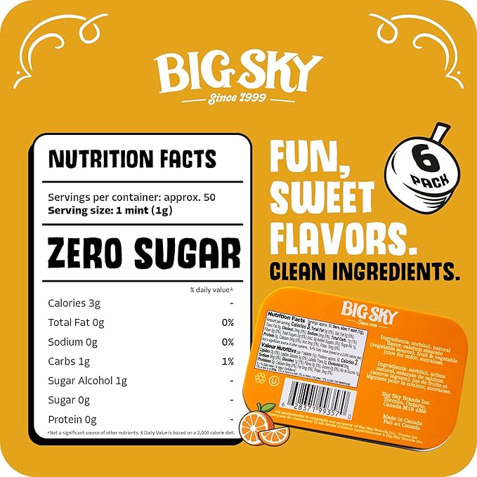 Big Sky Sugar Free Mints Orange & Cream | Sugarfree, No Artificial Colors or Flavors | Kosher Certified, Vegan, Gluten Free | Aspartame & Xylitol Free | 50 Count Tin (Pack of 6)