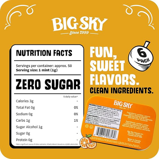 Big Sky Sugar Free Mints Orange & Cream | Sugarfree, No Artificial Colors or Flavors | Kosher Certified, Vegan, Gluten Free | Aspartame & Xylitol Free | 50 Count Tin (Pack of 6)