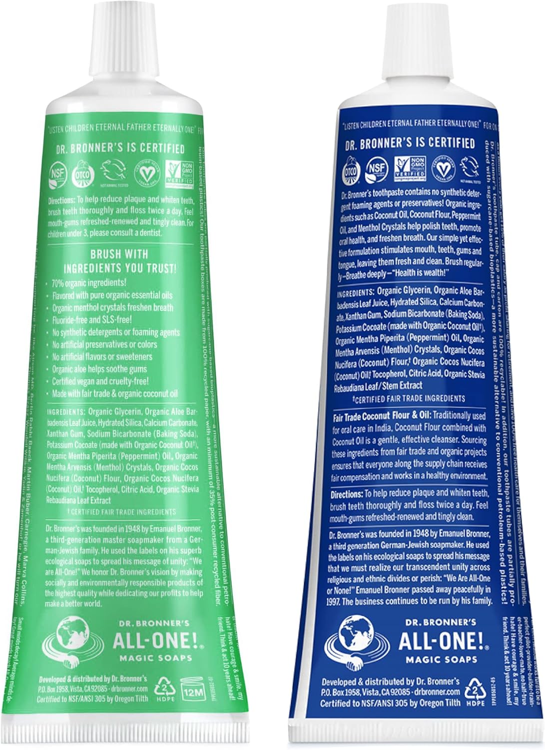 Dr. Bronner’s - All-One Toothpaste Variety Pack - Peppermint & Spearmint, 70% Organic Ingredients, Fluoride-Free, Helps Freshen Breath, Vegan (5oz, 2-Pack)