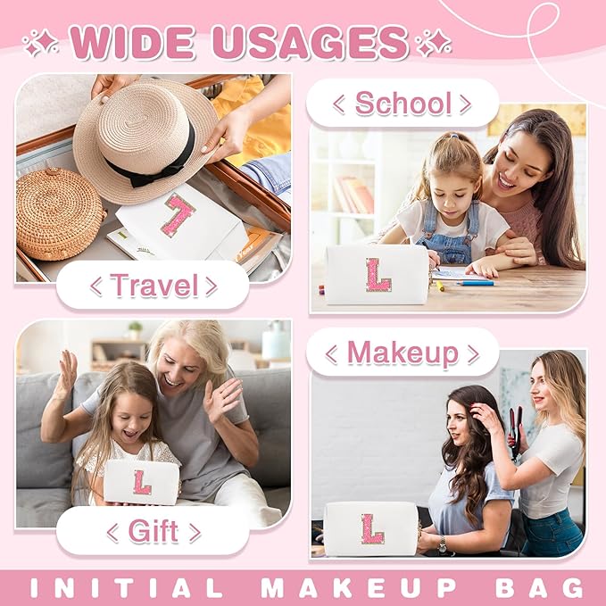 Small Personalized Initial A-Z Patch Makeup Bag,White Cute PU Leather Glitter Letter Cosmetic Bag for Teen Girls,Travel Toiletry Bag with Zipper,Preppy Monogrammed Birthday Gift for Daughter Niece L