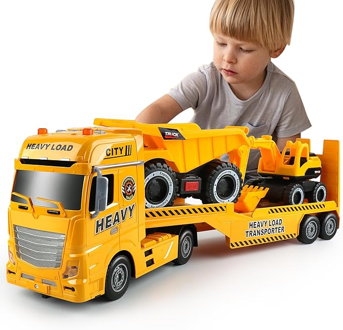 Dwi Dowellin Construction Carrier Truck Kids Toys,25.6" Semi-Trailer Toy with Excavator and Dump Truck,Gifts for Age 3 4 5 6+ Years Old Boys Girls