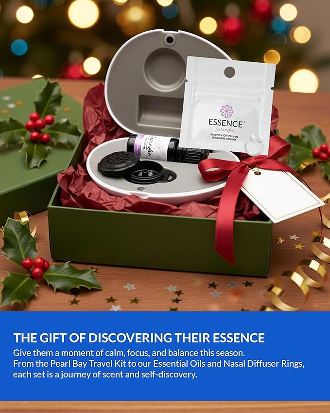 Essence Pearl Travel Case - Wearable Aromatherapy Kit with Nasal Diffuser Rings, Soaking Bay, and 5mL Essential Oil – Portable Wellness Gift Set for On?The?Go Self Care