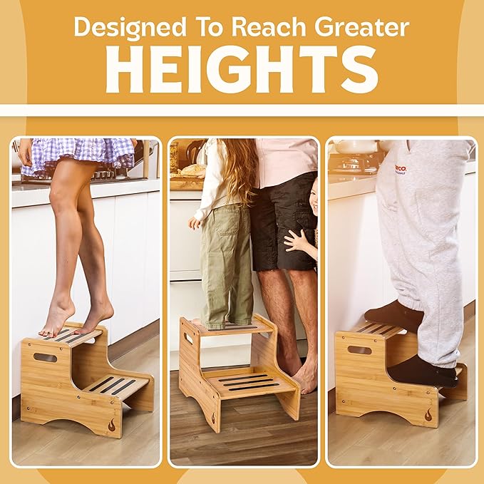 Wooden Kids Step Stool | 13" W by 12" H - 300LB Capacity | Kids Stool & Toddler Stool for Bathroom is Lightweight, Anti-Slip, Easy Assembly with Smooth Rounded Edges, Bamboo Step Stool