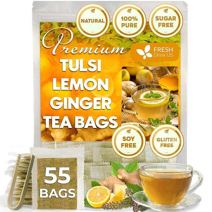 FreshDrinkUS, Premium 55 Tulsi Lemon Ginger Tea Bags, 100% Natural & Pure from Tulsi Holy Basil Leaves, Lemon and Ginger. Made with Natural Material Tea Bags. No Sugar, No Caffeine, Vegan.