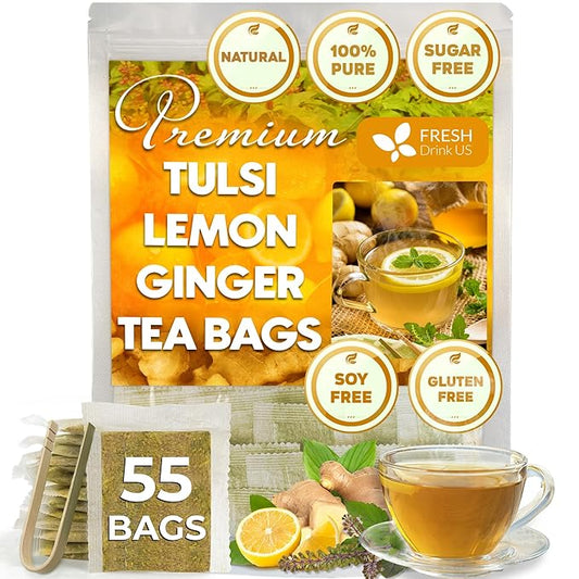 FreshDrinkUS, Premium 55 Tulsi Lemon Ginger Tea Bags, 100% Natural & Pure from Tulsi Holy Basil Leaves, Lemon and Ginger. Made with Natural Material Tea Bags. No Sugar, No Caffeine, Vegan.
