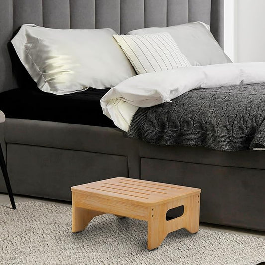 Wooden Step Stool for Adults & Kids, Non-Slip Rubber Feet, 6.5 Inch High, Lightweight Small Step, 400 Lbs Capacity, Bed Step Stool for High Bed, Bathroom & Kitchen, Bamboo