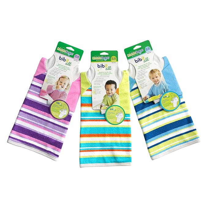 Kiddologic Bibit-all Baby Feeding Bib, Long Sleeves with Ribbed Cuffs and High Collar, Stretchy Pullover Smock, Soft Absorbent Terry, Waterproof Lining, Toddler Boy 12-36 Months, Sky Blue Stripe