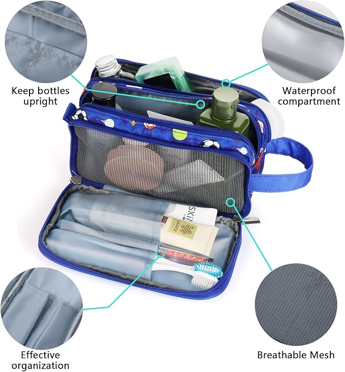 Kids Toiletry Bag for Boys, Travel Toiletry Bag for Little Young Boys Waterproof Hanging Wash Bag Toddler Traveling Toiletries, Soccer Balls Blue